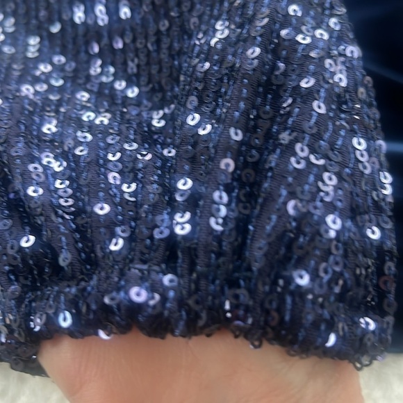 NWT Alex Evenings Sz M Formal Navy Blue Velvet Top with Sequin Long Sleeves - Picture 10 of 16